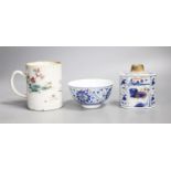 A Chinese famille rose mug, a Chinese Imari tea caddy and a doucai bowl, 18th century and later