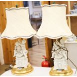 A pair of Sevres style biscuit porcelain groups of putti, fitted as a table lamps with shades69cm