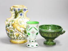 A Cantagalli maiolica vase (a.f.), a Bohemian vase and a green pottery bowl27cm