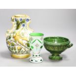 A Cantagalli maiolica vase (a.f.), a Bohemian vase and a green pottery bowl27cm