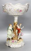 A German porcelain fruit stand, the stem decorated with four dancing figures51cm