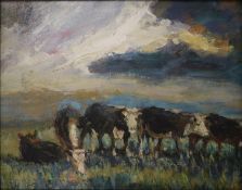 George Manchester (1922-1996), oil on card, cattle grazing, initialled with artists label verso,