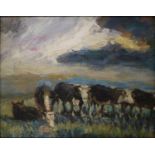 George Manchester (1922-1996), oil on card, cattle grazing, initialled with artists label verso,