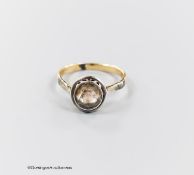 An antique continental yellow metal and solitaire rose cut diamond set ring, size M/N, gross