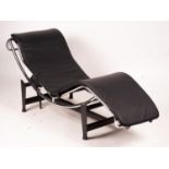 A Corbusier style black leather chaise longue, length 158cm, depth 54cm, height 73cm