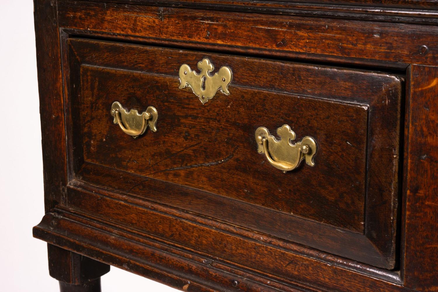 An 18th century oak low dresser on pole turned legs and pad feet, length 198cm, depth 53cm, height - Image 9 of 16