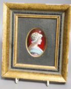 A small oval Limoges miniature enamelled portrait plaque, signed L. Fauré, framed8x5.5cm excl frame