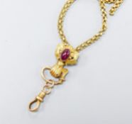 A Victorian yellow metal box link muff chain with cabochon amethyst set gauntlet suspension loop, (
