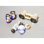 Cased pair of opera glasses, signed Deraisme, Paris, pair Royal Worcester miniature Toby jugs and