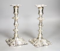 A pair of Victorian silver plated candlesticks22cm