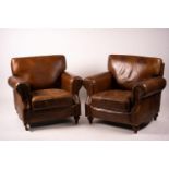 A pair of brown leather club armchairs, width 96cm, depth 80cm, height 90cm