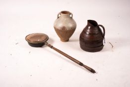 A Victorian iron bound staved oak jug, height 36cm, an amphora style pottery vase and a copper