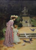 G. Williams (20th century British), oil on board, ‘’Feeding the pigeons’’, signed, 39 x 29cm.