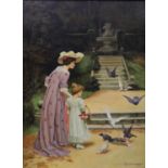 G. Williams (20th century British), oil on board, ‘’Feeding the pigeons’’, signed, 39 x 29cm.