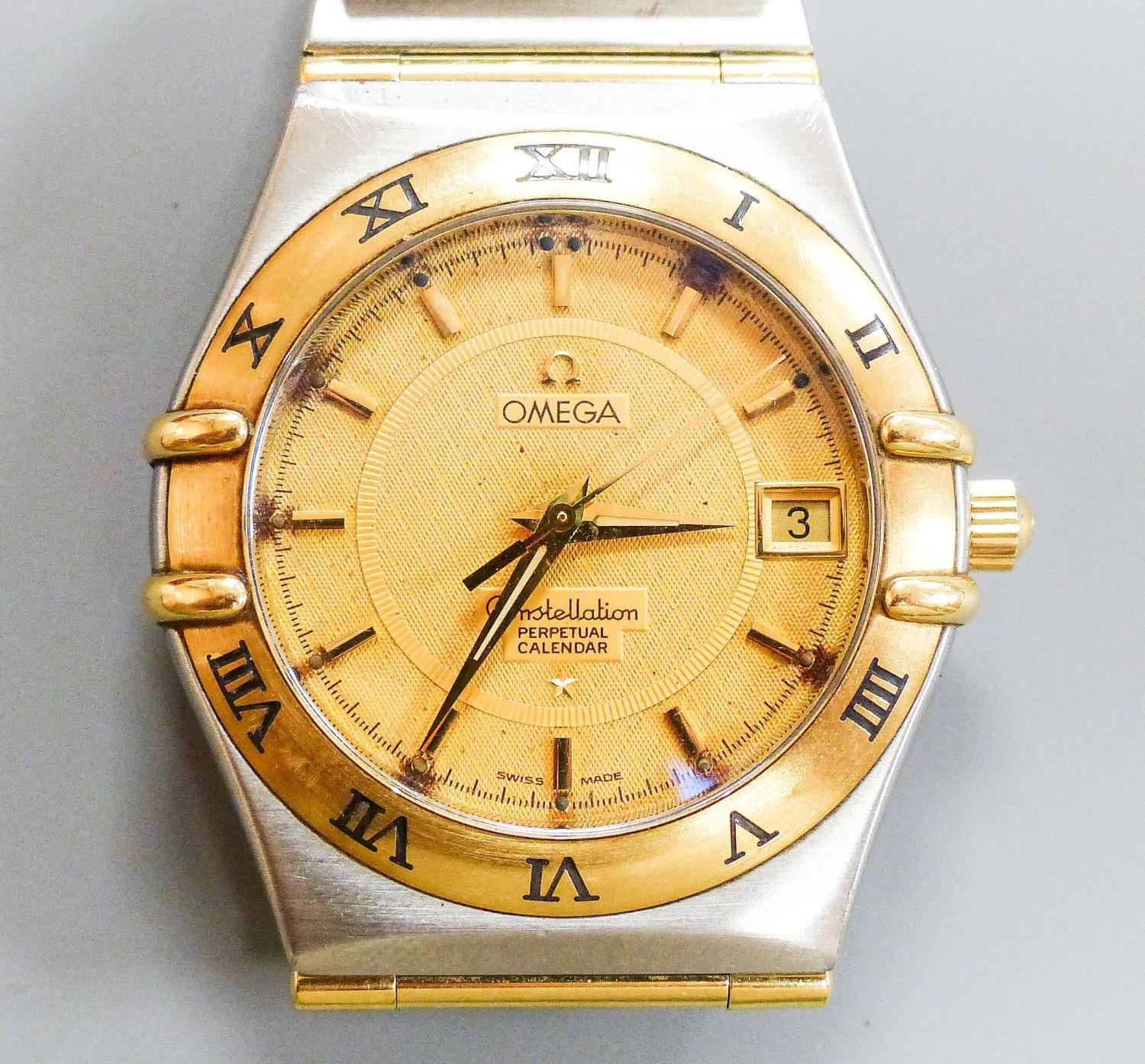 A gentleman's 1990's steel and gold Omega Constellation Perpetual Calendar wrist watch, with box and