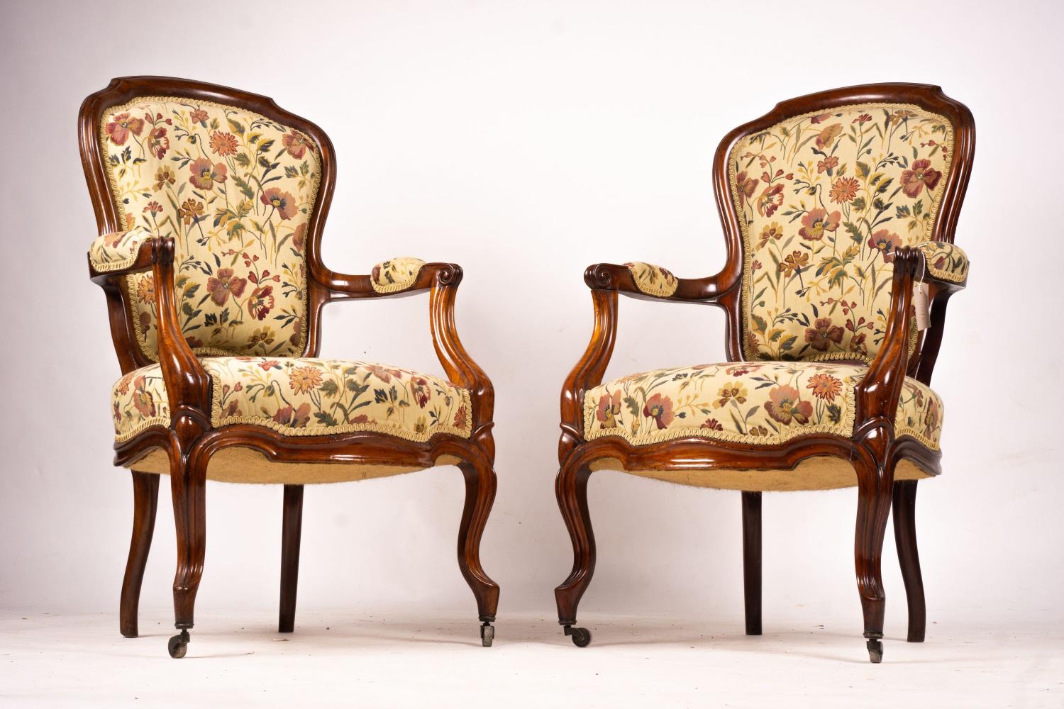 A pair of French mahogany framed open armchairs, width 60cm, depth 50cm, height 100cm - Image 2 of 6