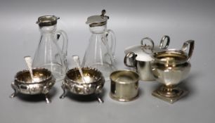 A pair of Victorian silver bun salts, London, 1859, two silver spoons, two mounted whisky tot jug (