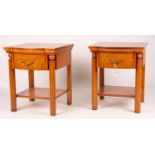 A pair of mahogany bowfront bedside cabinets, width 50cm, depth 50cm, height 62cm