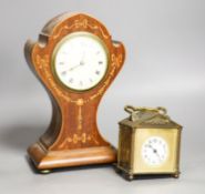 A Edwardian inlaid mahogany mantel timepiece and a brass carriage timepiece,