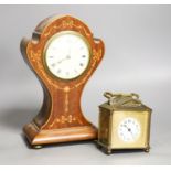 A Edwardian inlaid mahogany mantel timepiece and a brass carriage timepiece,