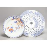 A Chinese blue and white strainer dish and an 18th-century Chinese Imari plate30cm