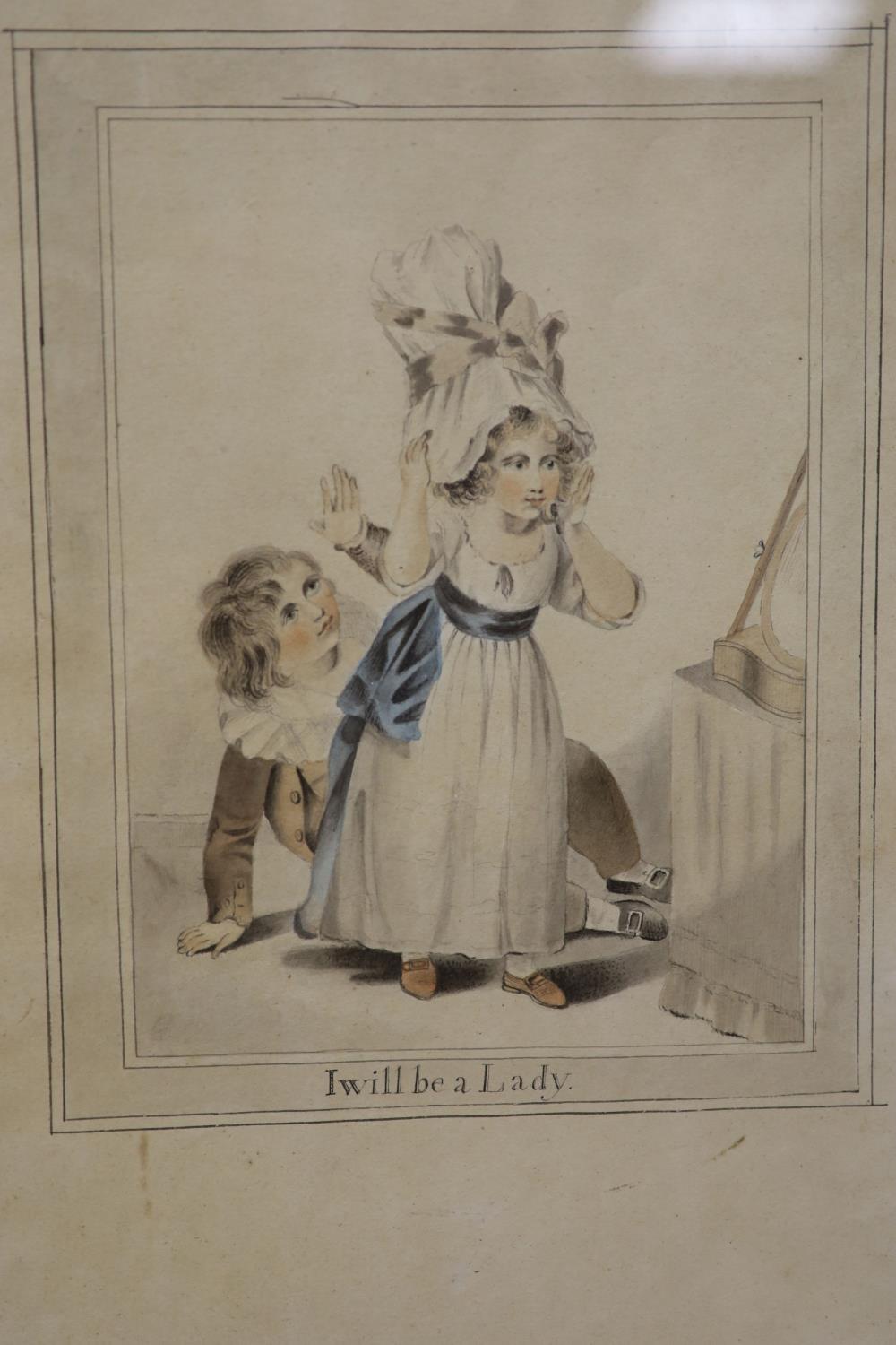 19th century English School, a pair of watercolour of children dressing up, ‘I will be a Lady’ & ‘ - Image 2 of 4