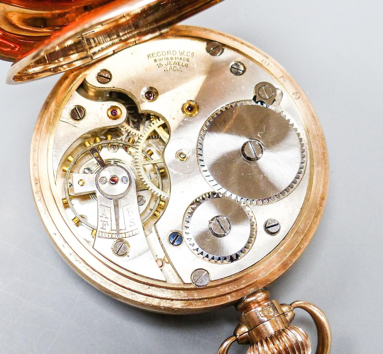 An early 20th century Swiss 9ct gold open faced keyless pocket watch, movement signed Record W. - Image 3 of 4