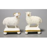 A pair of Staffordshire porcelain models of a ram and a ewe, c.1830–50, each standing on a