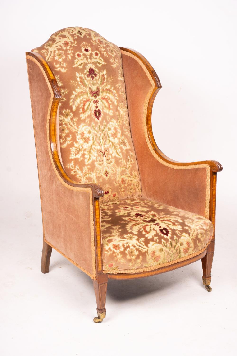 A pair of Edwardian satinwood banded mahogany wing armchairs, width 56cm, depth 75cm, height 110cm - Image 5 of 9