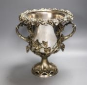 A Victorian campana shaped plated wine cooler, cast with fruiting vines28cm