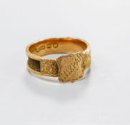 A late Victorian engraved 12ct gold Mizpah mourning ring, with plaited hair within shank, size Q,