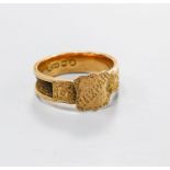 A late Victorian engraved 12ct gold Mizpah mourning ring, with plaited hair within shank, size Q,