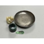 Assorted Chinese items including a jade figure, a jadeite pendant, pewter dish etc.