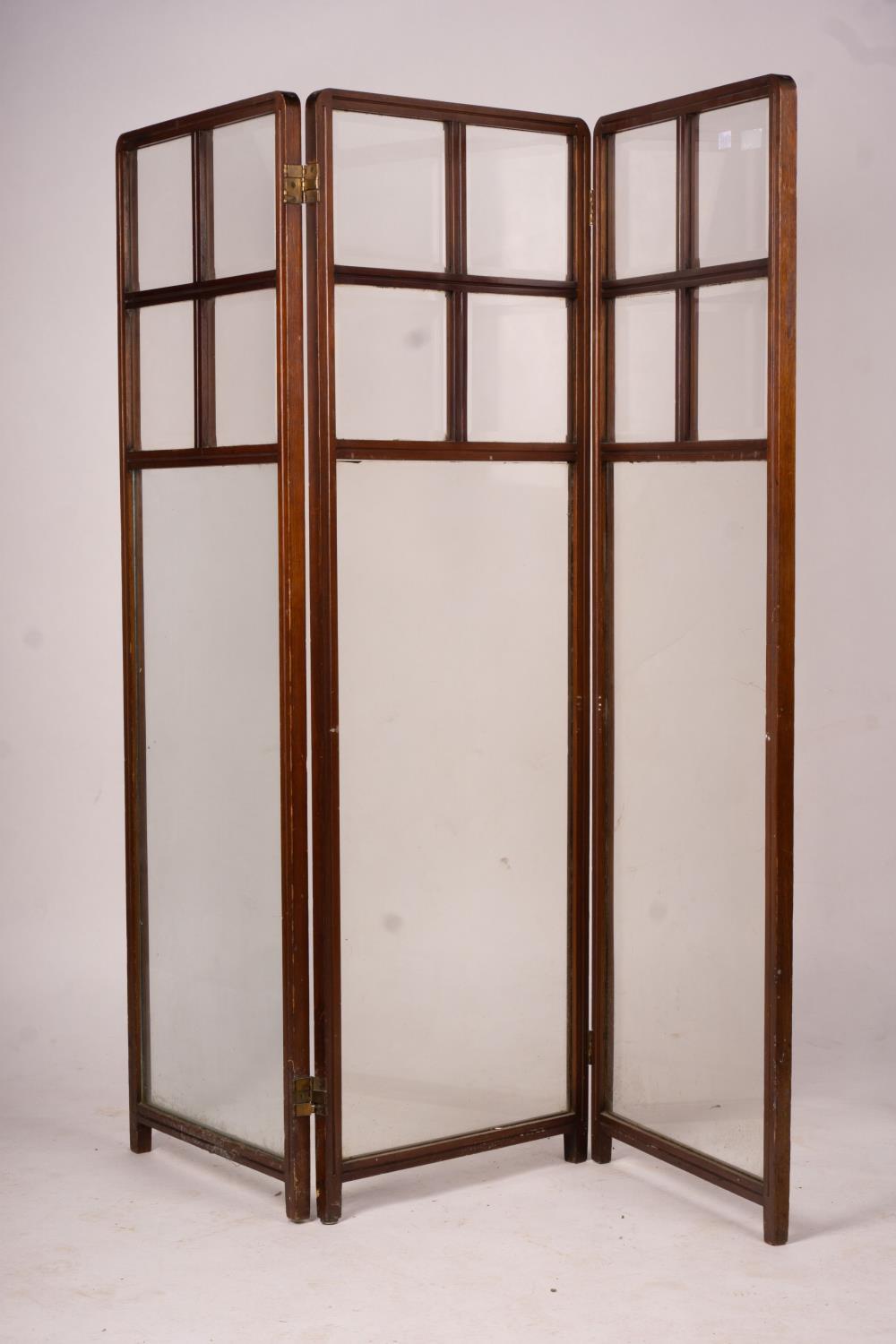 An Edwardian glazed mahogany three fold screen, each panel width 51cm, height 157cm - Image 8 of 8