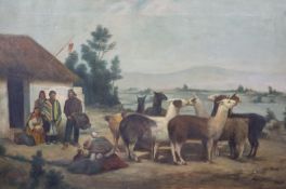 South American School, circa 1900Peruvian lakeside scene with figures and llamasOil on