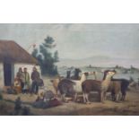 South American School, circa 1900Peruvian lakeside scene with figures and llamasOil on