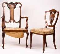 An Edwardian marquetry inlaid elbow chair (AF) and a side chair