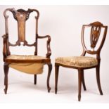 An Edwardian marquetry inlaid elbow chair (AF) and a side chair