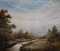 A. Horton, oil on canvas, Landscape with river and distant town, signed, 48 x 56cm.