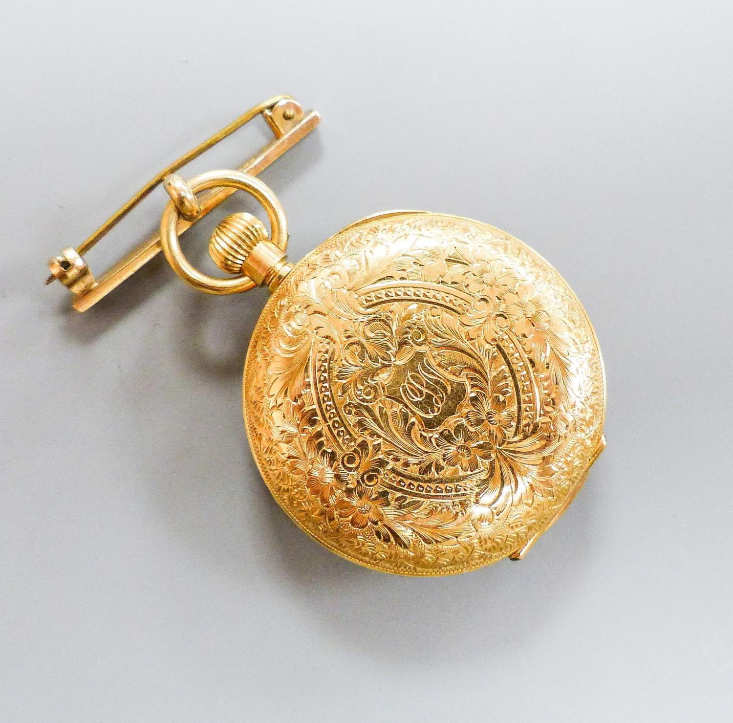 An engraved 18k Omega half hunter fob watch, cased diameter, 34mm, with a 9ct gold suspension - Image 2 of 3