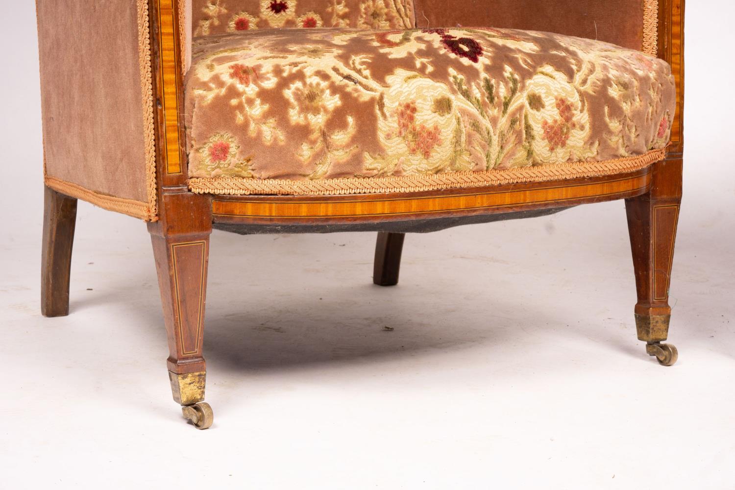 A pair of Edwardian satinwood banded mahogany wing armchairs, width 56cm, depth 75cm, height 110cm - Image 3 of 9