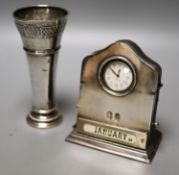 An Edwardian silver mounted desk calendar/timepiece, Birmingham, 1908, height 12.5cm and a Hanau 800