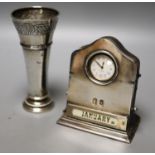 An Edwardian silver mounted desk calendar/timepiece, Birmingham, 1908, height 12.5cm and a Hanau 800