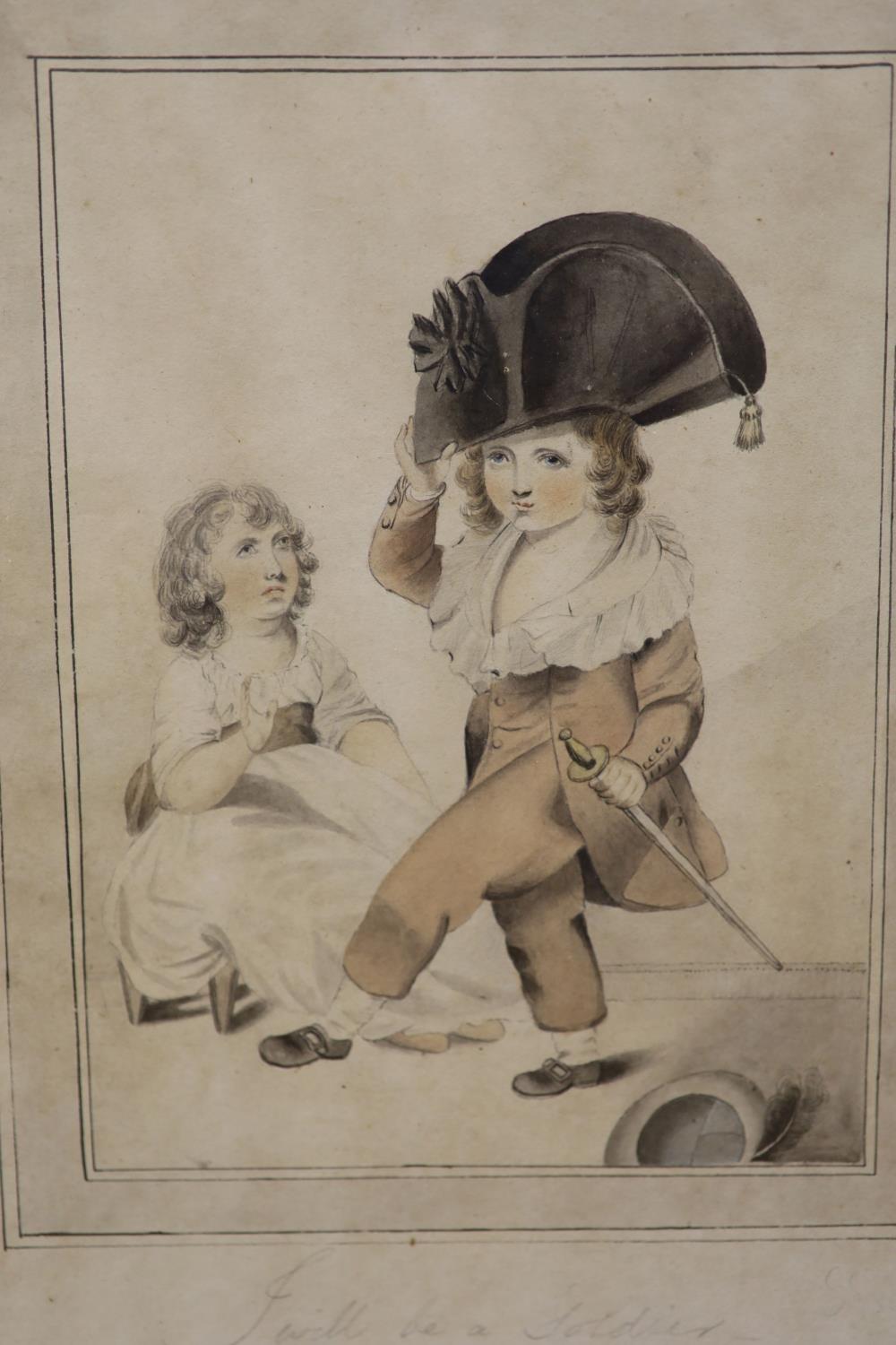 19th century English School, a pair of watercolour of children dressing up, ‘I will be a Lady’ & ‘ - Image 3 of 4