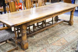 An 18th century style pale oak refectory dining table, length 305cm, depth 90cm, height 76cm