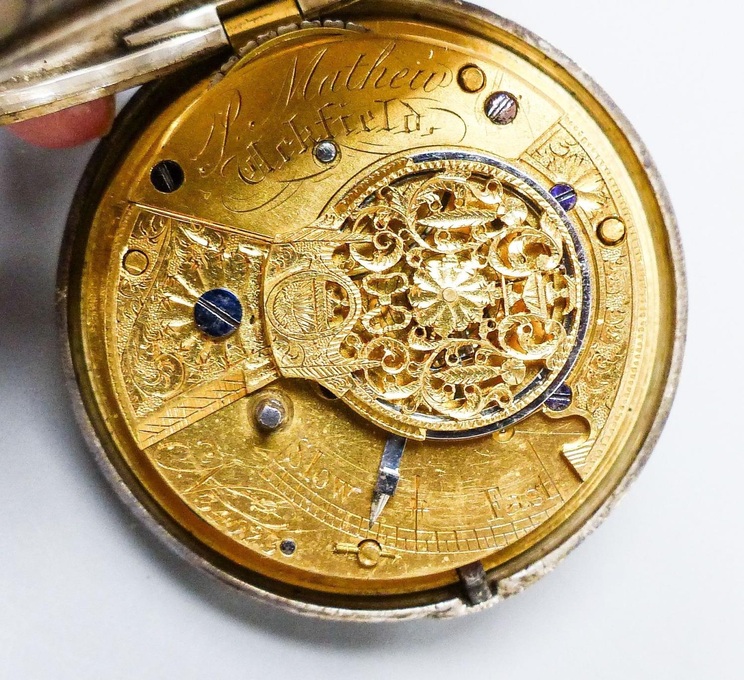 A Victorian silver keywind verge pocket watch movement marked Mathew, Uckfield, (outer case - Image 3 of 5