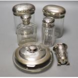 Six assorted silver mounted glass toilet jars, including a powder bowl and a Chinese white metal