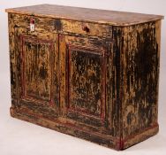 A 19th century French painted pine two door cabinet with scraped finish, width 140cm, depth 57cm,