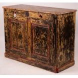 A 19th century French painted pine two door cabinet with scraped finish, width 140cm, depth 57cm,