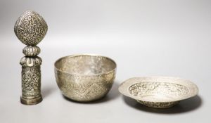 Two Tibetan white metal bowls, similar seal stamp19cm